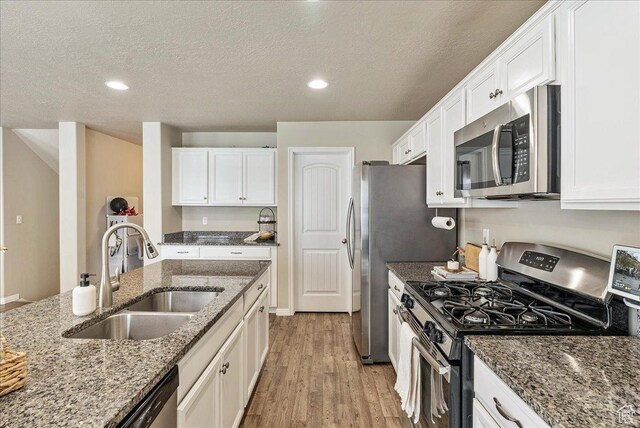 204 E 460 N, Vineyard, UT 84059 - kitchen featuring light wood-style floors, white cabinetry, a sink, dark stone countertops, and stainless steel appliances