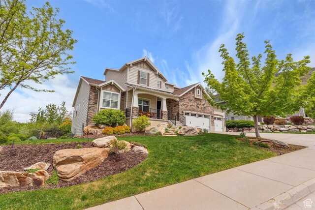 1485 E Peachtree Ln, Fruit Heights, UT 84037 - craftsman-style house featuring stone siding, a garage, a porch, a front yard, and concrete driveway