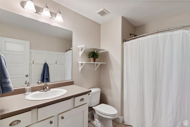 1485 E Peachtree Ln, Fruit Heights, UT 84037 - bathroom featuring visible vents, tile patterned flooring, vanity, toilet, and a shower with shower curtain