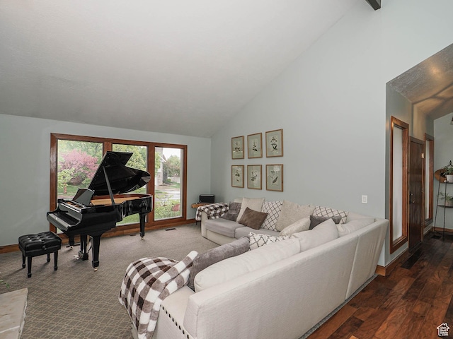 418 E Bridlewalk Ln, Murray, UT 84107 - living area featuring baseboards, dark wood-type flooring, and high vaulted ceiling