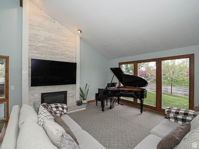 418 E Bridlewalk Ln, Murray, UT 84107 - living room with carpet floors, vaulted ceiling, and a fireplace