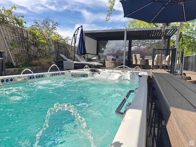 418 E Bridlewalk Ln, Murray, UT 84107 - view of swimming pool featuring a fenced backyard, a hot tub, and an outdoor hangout area