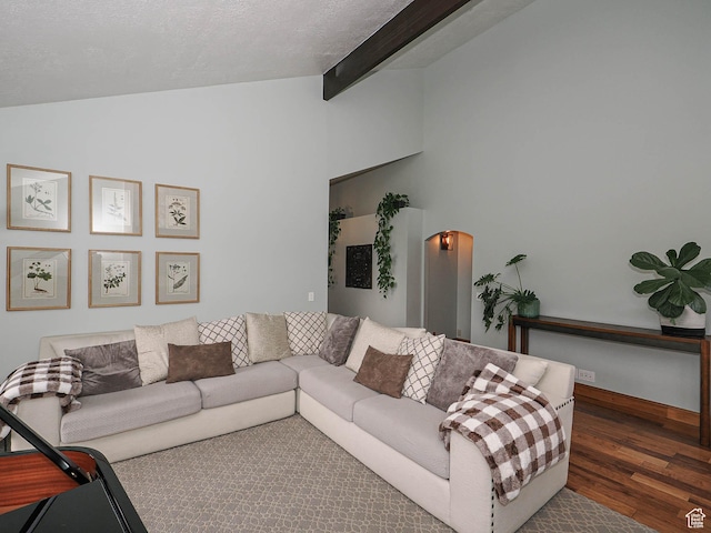 418 E Bridlewalk Ln, Murray, UT 84107 - living area featuring vaulted ceiling with beams and wood finished floors