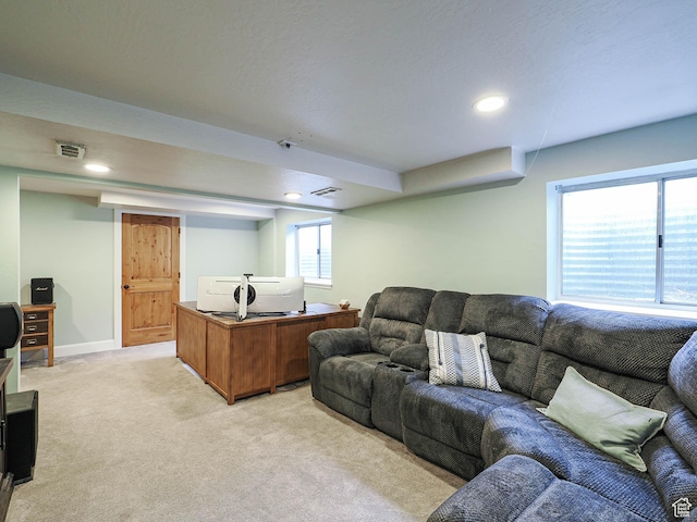 418 E Bridlewalk Ln, Murray, UT 84107 - living room featuring baseboards, light carpet, recessed lighting, and visible vents
