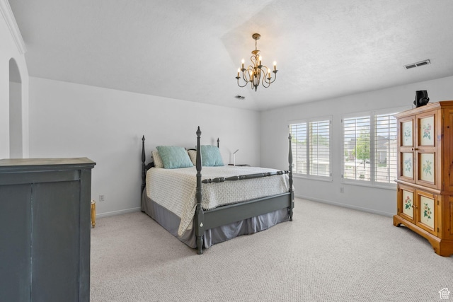 6272 S Lake Fork Cir, Taylorsville, UT 84129 - bedroom with baseboards, a chandelier, light carpet, and visible vents