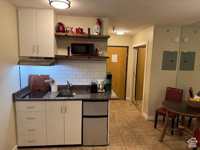1940 Prospector Ave Unit 207, Park City, UT 84060 - kitchen with open shelves, a sink, under cabinet range hood, black appliances, and electric panel