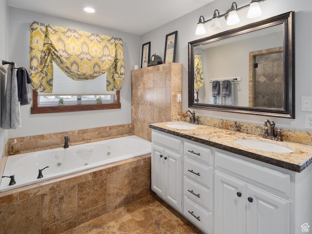 3540 N Elkview Dr, Eden, UT 84310 - bathroom with a sink, a jetted tub, recessed lighting, and double vanity