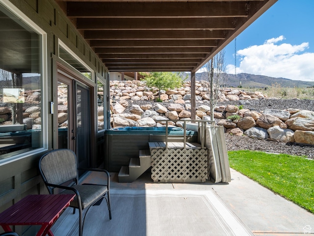 3540 N Elkview Dr, Eden, UT 84310 - view of patio with a hot tub and a mountain view