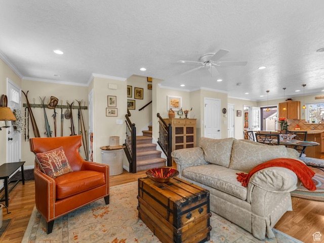 181 Geneva Dr, Midway, UT 84049 - living area featuring light wood-type flooring, recessed lighting, stairs, and ceiling fan