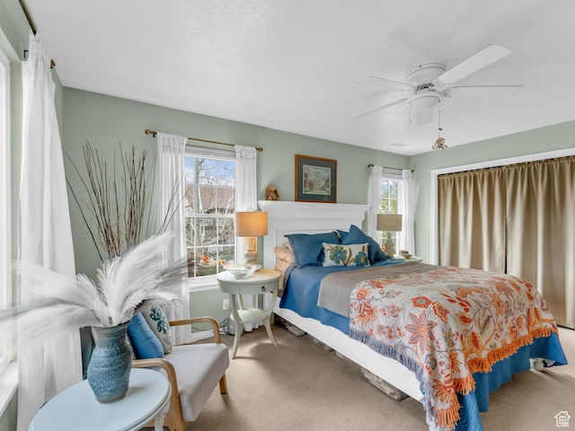 181 Geneva Dr, Midway, UT 84049 - bedroom with carpet floors, a ceiling fan, and multiple windows