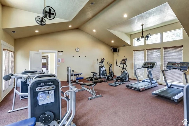 1026 N Shepard Pkwy Unit 3, Farmington, UT 84025 - workout area featuring an inviting chandelier, carpet floors, high vaulted ceiling, and recessed lighting