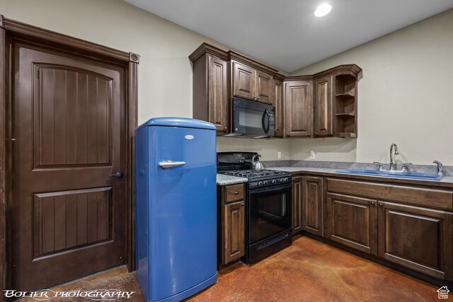 1328 N Parkside Dr, Cedar City, UT 84721 - kitchen with open shelves, dark brown cabinetry, finished concrete floors, a sink, and black appliances