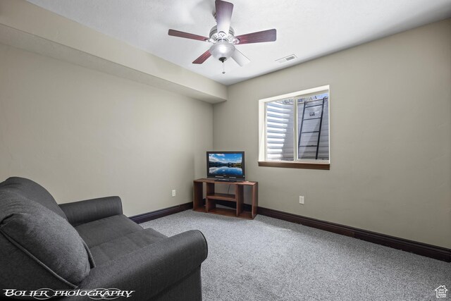 1328 N Parkside Dr, Cedar City, UT 84721 - carpeted living area featuring visible vents, a ceiling fan, and baseboards