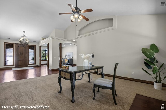 1328 N Parkside Dr, Cedar City, UT 84721 - office space featuring carpet floors, arched walkways, baseboards, and ceiling fan with notable chandelier