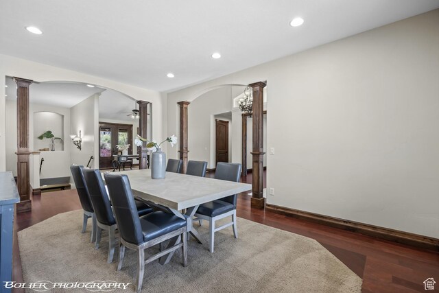 1328 N Parkside Dr, Cedar City, UT 84721 - dining area with ornate columns, arched walkways, wood finished floors, and recessed lighting