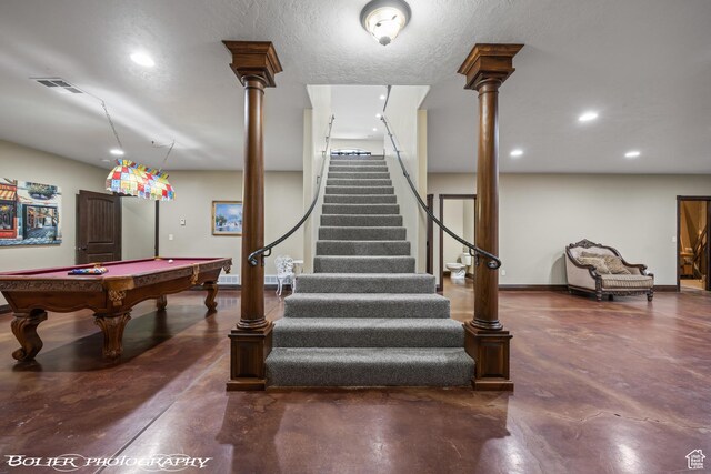 1328 N Parkside Dr, Cedar City, UT 84721 - playroom featuring recessed lighting, billiards, ornate columns, and finished concrete floors