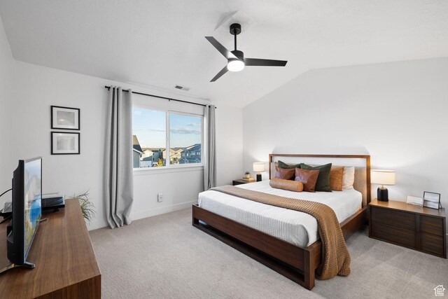 13077 S Keegan Dr, Herriman, UT 84096 - bedroom featuring ceiling fan, visible vents, light colored carpet, vaulted ceiling, and baseboards