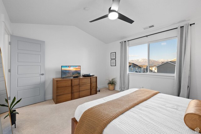 13077 S Keegan Dr, Herriman, UT 84096 - bedroom with visible vents, carpet floors, lofted ceiling, and ceiling fan