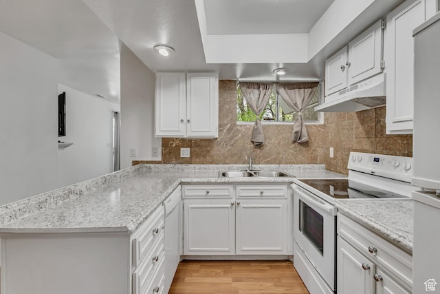 223 E Hill Ave Unit 6, Millcreek, UT 84107 - kitchen with white appliances, a sink, under cabinet range hood, a peninsula, and white cabinets