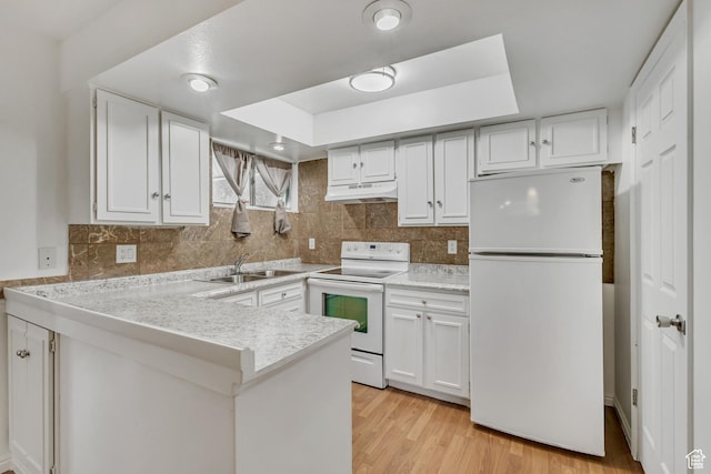 223 E Hill Ave Unit 6, Millcreek, UT 84107 - kitchen featuring white appliances, under cabinet range hood, a sink, a peninsula, and light countertops