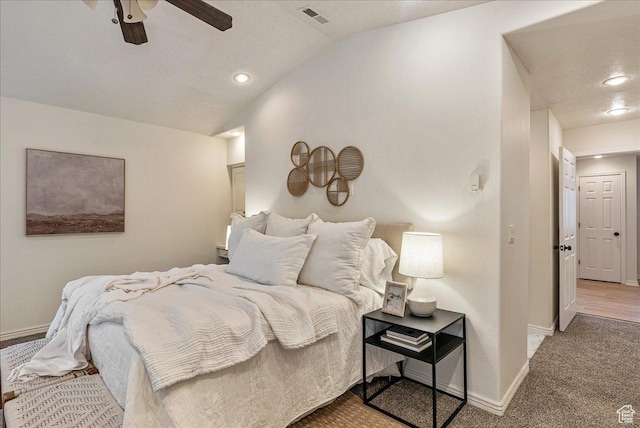 2748 W 220 N, Provo, UT 84601 - carpeted bedroom featuring baseboards, visible vents, a ceiling fan, and lofted ceiling