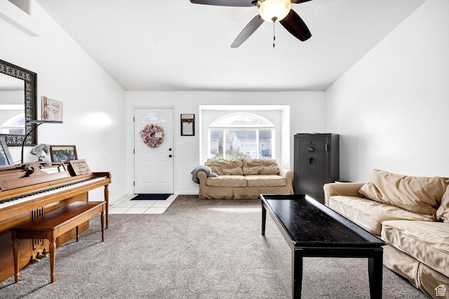 176 N Wapiti Loop E, Hyrum, UT 84319 - living room featuring a ceiling fan, light tile patterned flooring, lofted ceiling, and light colored carpet