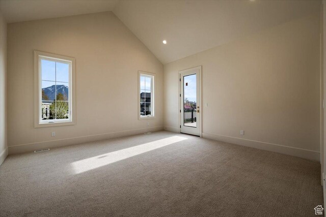 473 W 350 S Unit 31, Mapleton, UT 84664 - spare room with visible vents, baseboards, high vaulted ceiling, light colored carpet, and recessed lighting