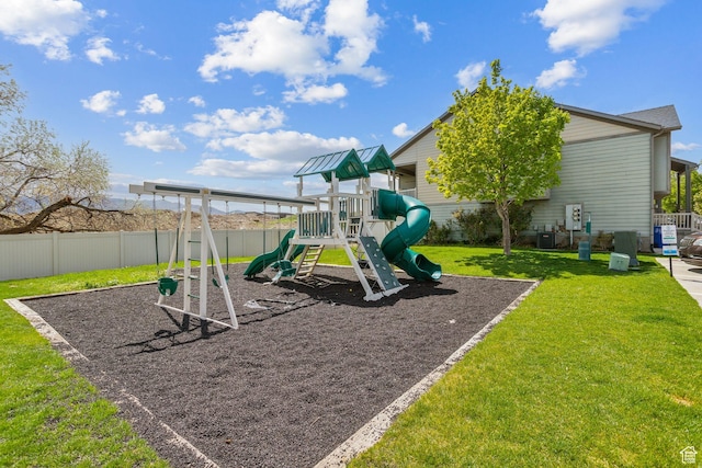 103 E River View Dr, Saratoga Springs, UT 84045 - community jungle gym with fence, central AC unit, and a yard