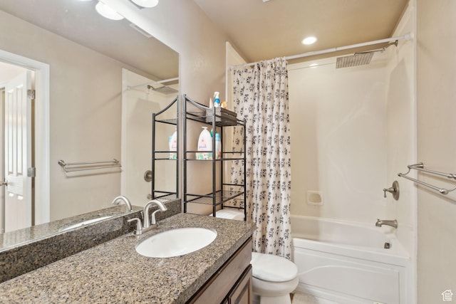 103 E River View Dr, Saratoga Springs, UT 84045 - bathroom with vanity, shower / bath combo, toilet, and visible vents