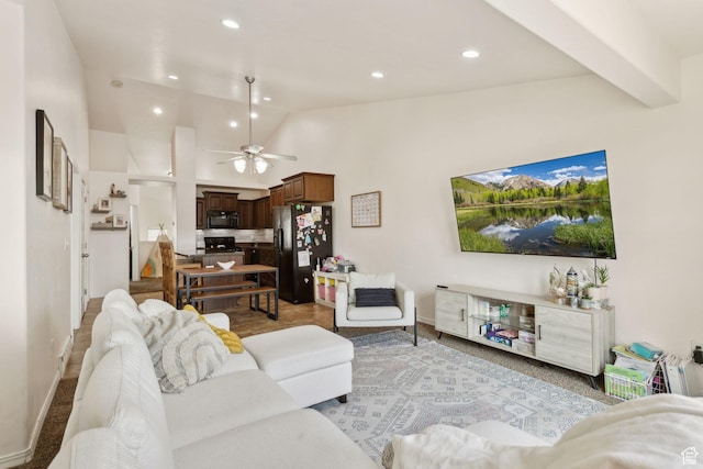103 E River View Dr, Saratoga Springs, UT 84045 - living area with baseboards, recessed lighting, ceiling fan, and vaulted ceiling