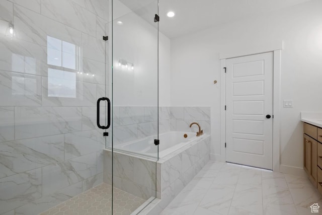 11439 S Watercourse Rd Unit 182, South Jordan, UT 84009 - bathroom featuring a bath, a stall shower, vanity, marble look tiles, and recessed lighting