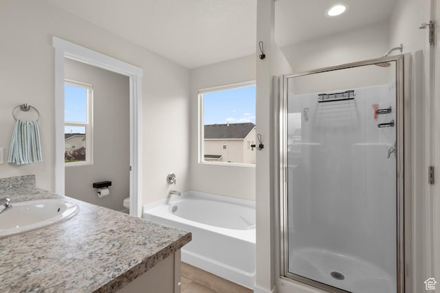 838 N Marble Rd, Tooele, UT 84074 - bathroom featuring vanity, a stall shower, a garden tub, and a wealth of natural light