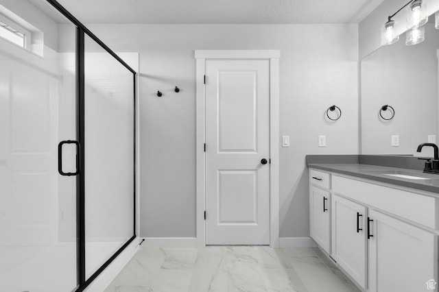 6628 W Spring Snow Ln, Herriman, UT 84096 - full bath featuring vanity, a stall shower, baseboards, and marble finish flooring