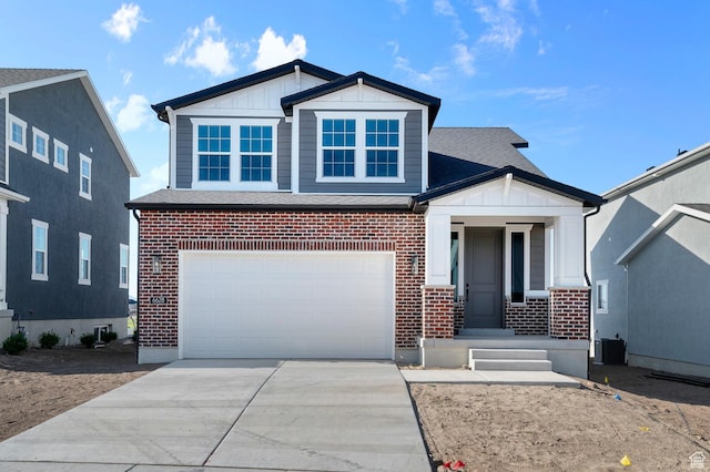 6628 W Spring Snow Ln, Herriman, UT 84096 - view of front of property featuring brick siding, driveway, an attached garage, board and batten siding, and a shingled roof