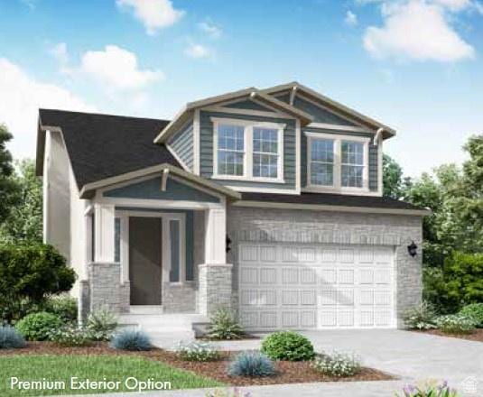 view of front facade with an attached garage, stone siding, and concrete driveway