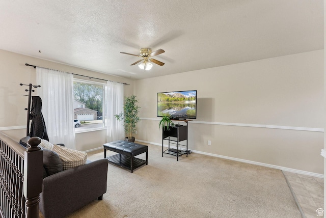668 N 1370 W, Pleasant Grove, UT 84062 - carpeted living room with baseboards, a ceiling fan, and a textured ceiling