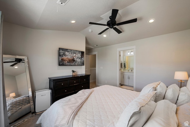 1940 S 200 W Unit 16, Bountiful, UT 84010 - bedroom featuring visible vents, recessed lighting, ensuite bath, and vaulted ceiling
