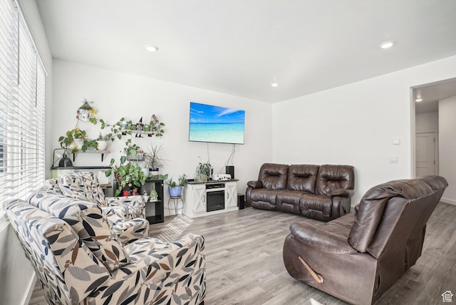 living room with recessed lighting, wood finished floors, and a fireplace
