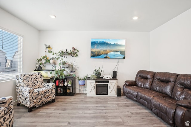living room with light wood-style floors and recessed lighting