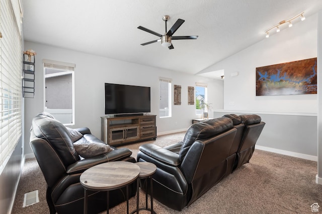 869 N Petro Dr W, Tooele, UT 84074 - living area with visible vents, carpet, a ceiling fan, baseboards, and vaulted ceiling