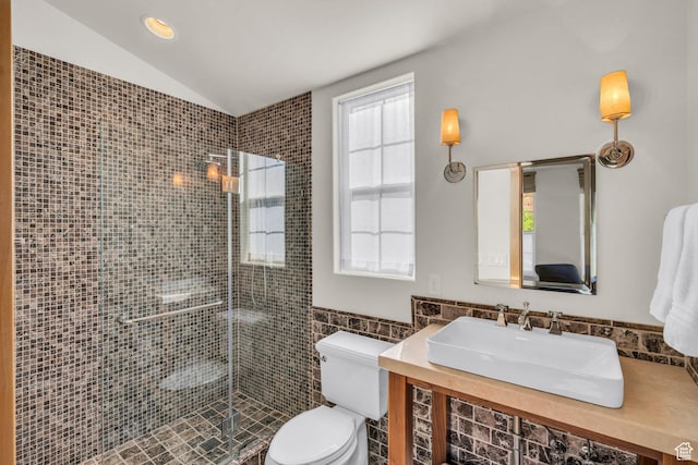 full bath with toilet, tile walls, plenty of natural light, and a sink