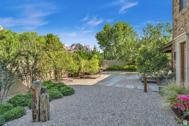 view of yard featuring a fenced backyard, a patio area, and a mountain view