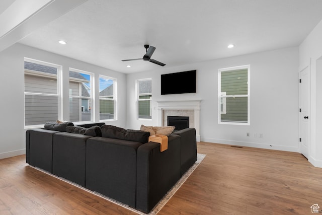 11254 S Bingham Rim Rd W, South Jordan, UT 84009 - living area with ceiling fan, light wood-type flooring, baseboards, a fireplace, and recessed lighting