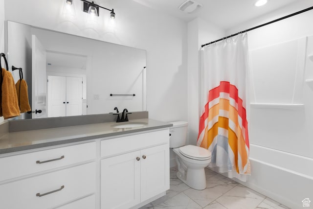 11254 S Bingham Rim Rd W, South Jordan, UT 84009 - bathroom featuring marble look tile flooring, toilet, vanity, shower / bath combo, and recessed lighting
