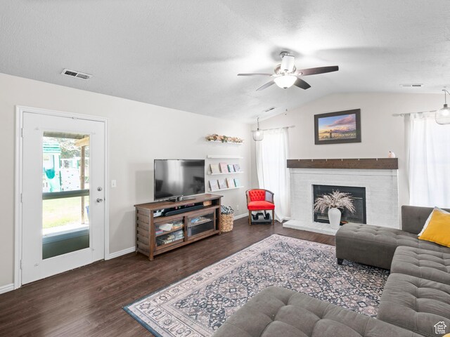 3855 W Elwood Way S, West Jordan, UT 84088 - living room featuring visible vents, a ceiling fan, a textured ceiling, and lofted ceiling
