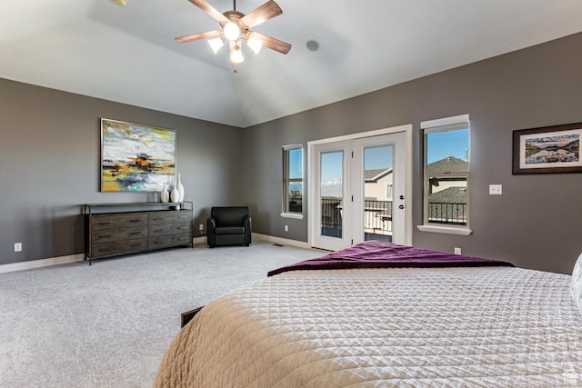 398 S Lofty Ln E, North Salt Lake, UT 84054 - carpeted bedroom featuring access to outside, baseboards, a ceiling fan, and lofted ceiling
