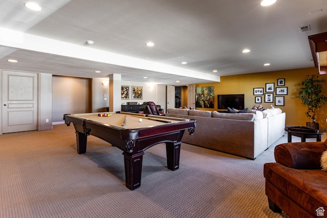 398 S Lofty Ln E, North Salt Lake, UT 84054 - recreation room with visible vents, light carpet, baseboards, recessed lighting, and pool table