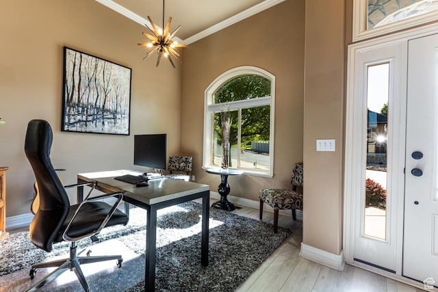 398 S Lofty Ln E, North Salt Lake, UT 84054 - office space with baseboards, ornamental molding, light wood-style floors, and a chandelier