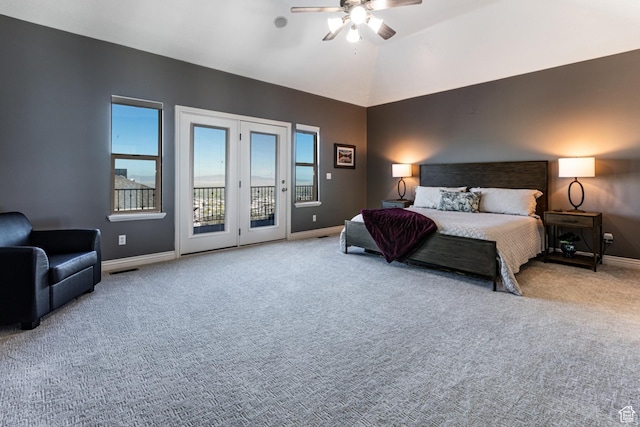 398 S Lofty Ln E, North Salt Lake, UT 84054 - carpeted bedroom with ceiling fan, french doors, visible vents, baseboards, and access to outside