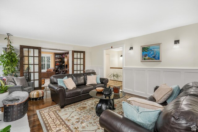 3273 E Bernada Dr, Salt Lake City, UT 84124 - living room with wainscoting, a decorative wall, french doors, and wood finished floors